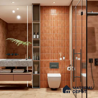 Modern bathroom with terracotta kitkat wall tiles and terrazzo countertop of 3 BHK apartment in SMR Vinay Galaxy Hoodi Bengaluru