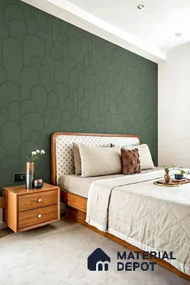 Scandinavian bedroom with olive green geometric wallpaper and natural wood bed of 3 BHK apartment in SMR Vinay Galaxy Hoodi Bengaluru