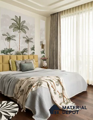 Modern bedroom with tropical wallpaper, mustard upholstered headboard, and walnut brown wooden flooring of 3 BHK apartment in SMR Vinay Galaxy Hoodi Bengaluru
