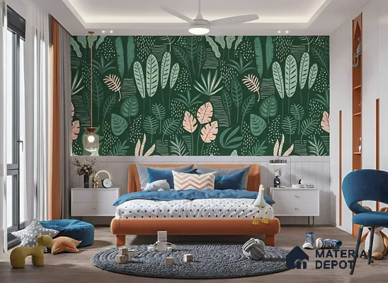 Modern kids room with tropical green wallpaper, tan upholstered bed, and wooden flooring of 3 BHK apartment in SMR Vinay Galaxy Hoodi Bengaluru