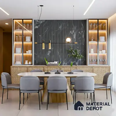 Modern dining room with black marble fluted wall panel, cane cabinet shutters, and white dining table of 3 BHK apartment in SMR Vinay Galaxy Hoodi Bengaluru