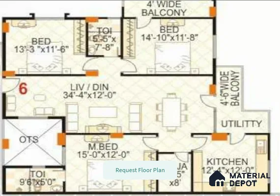 Modern apartment floor plan with bedrooms, kitchen, living-dining, balconies, and utility area of 3 BHK apartment in SMR Vinay Galaxy Hoodi Bengaluru