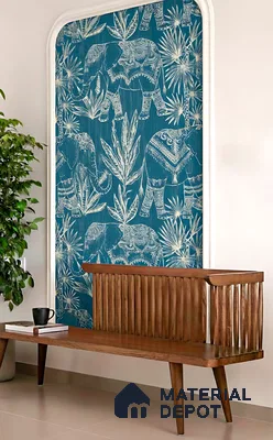 Eclectic foyer with Indian elephant patterned wallpaper and mid-century wooden bench of 3 BHK apartment in SMR Vinay Galaxy Hoodi Bengaluru