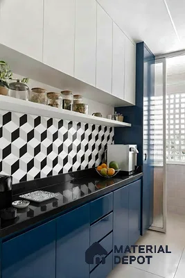 Modern kitchen with blue high gloss laminate, white laminate, and black-and-white geometric backsplash tiles of 3 BHK apartment in SMR Vinay Galaxy Hoodi Bengaluru