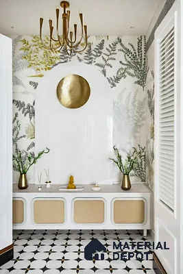 Eclectic pooja room with botanical wallpaper, white and beige laminate, and geometric patterned floor tiles of 3 BHK apartment in SMR Vinay Galaxy Hoodi Bengaluru