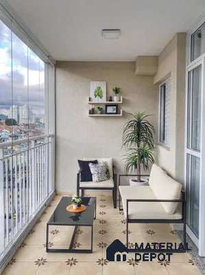 Modern balcony with beige floral patterned floor tiles and minimalist metal-frame seating in 3 BHK apartment SSVR Laurel Varthur Bengaluru