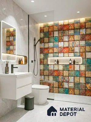 Modern bathroom with multicolor patterned highlighter wall tiles and marble-look floor tiles in 3 BHK apartment SSVR Laurel Varthur Bengaluru