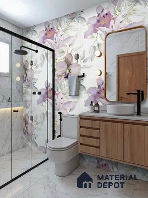 Modern bathroom with floral highlighter wall tiles, white marble tiles, and light wood vanity in 3 BHK apartment SSVR Laurel Varthur Bengaluru