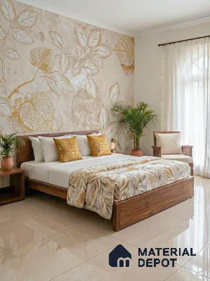 Modern bedroom with gold botanical wallpaper, natural wood bed, and glossy beige floor tiles in 3 BHK apartment SSVR Laurel Varthur Bengaluru