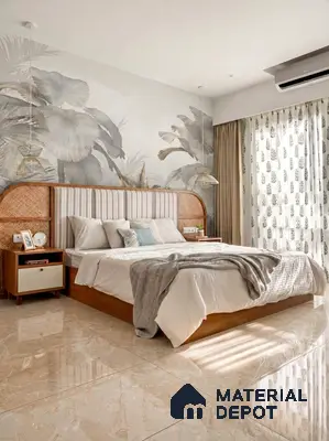 Scandinavian bedroom with tropical wallpaper, rattan headboard, and glossy beige marble floor tiles in 3 BHK apartment SSVR Laurel Varthur Bengaluru