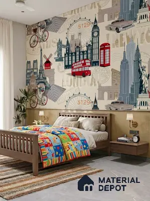 Eclectic kids room with cityscape patterned wallpaper, wooden bed, and grey floor tiles in 3 BHK apartment SSVR Laurel Varthur Bengaluru