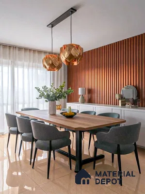 Modern dining room with walnut wood louver wall, wooden dining table, and glossy beige floor tiles in 3 BHK apartment SSVR Laurel Varthur Bengaluru