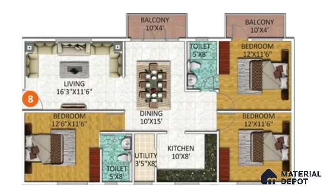 Modern 3BHK apartment floor plan with marble-look tiles, wooden flooring, and granite kitchen countertop in 3 BHK apartment SSVR Laurel Varthur Bengaluru