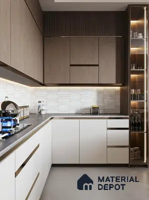 Modern kitchen with taupe wood grain laminate, frosty white laminate, and geometric white backsplash tile in 3 BHK apartment SSVR Laurel Varthur Bengaluru