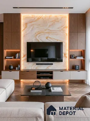 Modern living room with backlit marble laminate TV unit and walnut wood laminate cabinetry in 3 BHK apartment SSVR Laurel Varthur Bengaluru