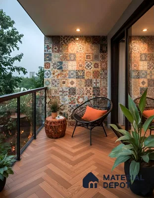 Eclectic balcony with patterned moroccan wall tiles and herringbone wood-look floor tiles in 2 BHK apartment SSVR Lotus Pond Varthur Road Bengaluru