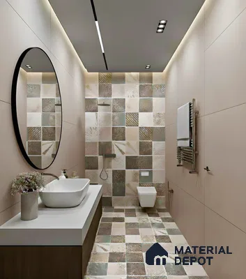 Modern bathroom with beige and brown patterned wall and floor tiles and matte beige wall panels in 2 BHK apartment SSVR Lotus Pond Varthur Road Bengaluru