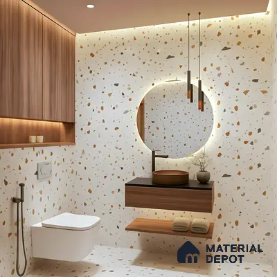 Modern bathroom with terrazzo wall and floor tiles and walnut wood laminate vanity in 2 BHK apartment SSVR Lotus Pond Varthur Road Bengaluru