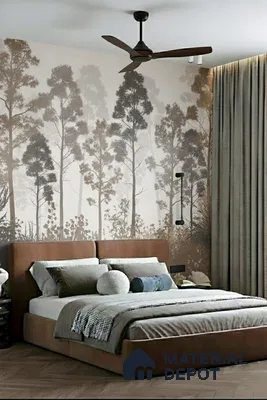 Japandi bedroom with nature-inspired wallpaper, suede upholstered bed, and herringbone wooden flooring in 2 BHK apartment SSVR Lotus Pond Varthur Road Bengaluru