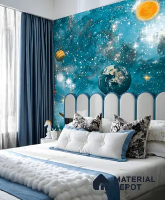 Modern kids room with space-themed wallpaper and blue upholstered headboard in 2 BHK apartment SSVR Lotus Pond Varthur Road Bengaluru