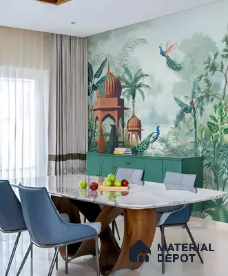 Eclectic dining room with Indian mural wallpaper, green sideboard, and marble dining table in 2 BHK apartment SSVR Lotus Pond Varthur Road Bengaluru