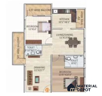 Modern apartment floor plan with wood-look tile flooring and open living-dining layout