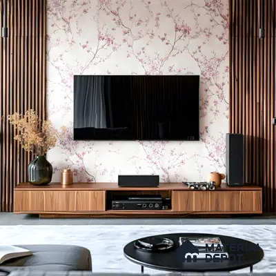 Modern TV unit with walnut wood laminate, vertical wooden louvers, and floral wallpaper in 2 BHK apartment SSVR Lotus Pond Varthur Road Bengaluru