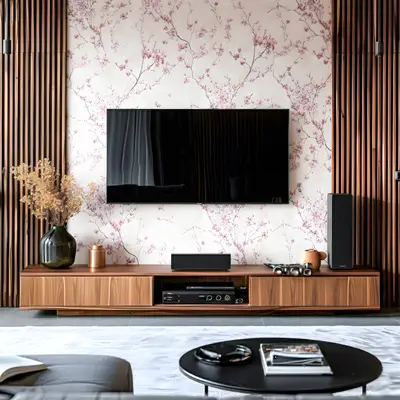 Modern TV unit with walnut wood laminate, vertical wooden louvers, and floral wallpaper in 2 BHK apartment SSVR Lotus Pond Varthur Road Bengaluru