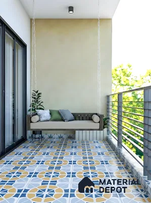Modern balcony with blue and yellow geometric patterned floor tiles and wooden swing seating