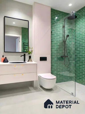 Modern bathroom with green subway wall tiles and blush pink vanity