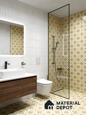 Modern bathroom with white vertical subway wall tiles, yellow geometric patterned floor and shower tiles, and walnut vanity
