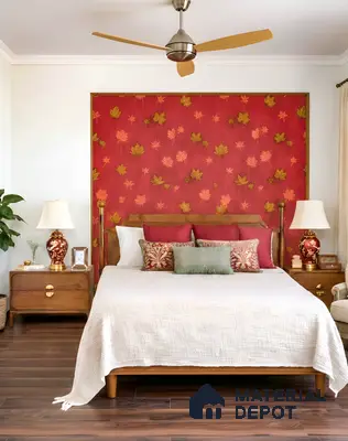 Traditional bedroom with red floral wallpaper accent, walnut wood bed, and dark wooden flooring