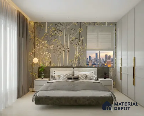 Modern bedroom with floral wallpaper, suede upholstered bed, and white paneled wardrobe