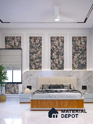 Modern bedroom with floral wallpaper panels, marble accent wall, and fluted wood bed base