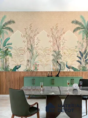 Eclectic dining room with chinoiserie wallpaper, fluted wood panel, and sage green laminate sideboard