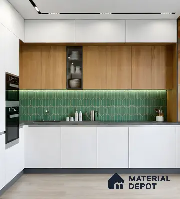 Modern kitchen with white and natural wood laminate, green geometric backsplash tile, and grey countertop