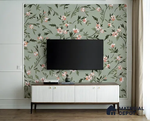 Modern TV unit with sage green floral wallpaper and white fluted cabinet