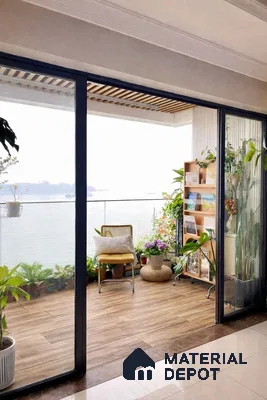 Scandinavian balcony with wood-look floor tiles and vertical wood louvers