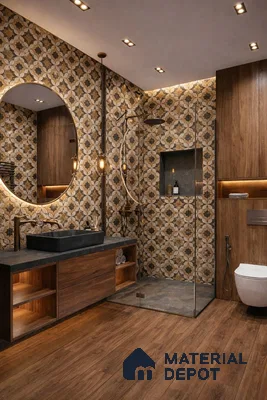 Modern bathroom with patterned moroccan wall tiles, black stone countertop, and walnut wood laminate cabinetry