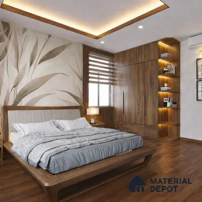 Modern bedroom with walnut wood laminate wardrobe, floral wallpaper accent wall, and wooden flooring
