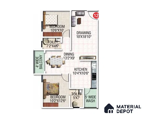 Modern 2BHK apartment floor plan with tiled flooring and open dining-kitchen layout