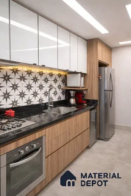 Modern kitchen with white high gloss laminate, wood grain laminate, black granite countertop, and star patterned backsplash tiles