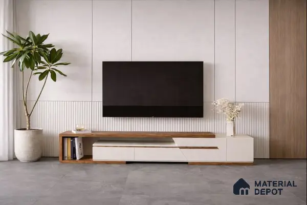 Minimalist TV unit with white matte laminate, oak wood laminate, and fluted wall panels