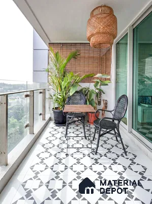Scandinavian balcony with black-and-white geometric floor tiles and rattan pendant light in 3 BHK apartment SVS Springs Bommasandra Bengaluru