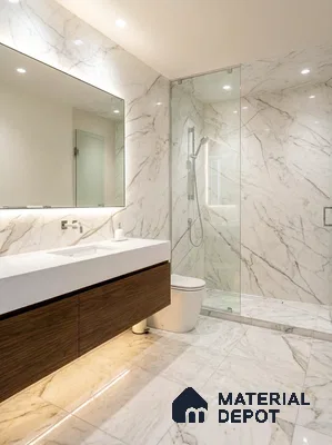 Modern bathroom with white marble tiles, walnut wood vanity, and white quartz countertop in 3 BHK apartment SVS Springs Bommasandra Bengaluru