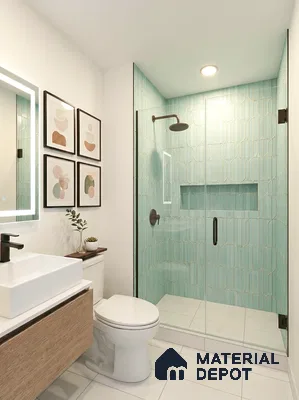 Modern bathroom with aqua geometric wall tiles, white floor tiles, and wood finish floating vanity in 3 BHK apartment SVS Springs Bommasandra Bengaluru