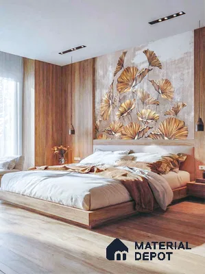 Modern bedroom with natural oak wood wall panels, floral 3D accent wall, and light oak wooden flooring in 3 BHK apartment SVS Springs Bommasandra Bengaluru
