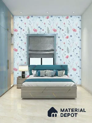 Modern bedroom with floral wallpaper, pastel blue wardrobe laminate, and beige marble floor tile in 3 BHK apartment SVS Springs Bommasandra Bengaluru