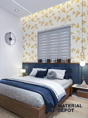 Modern bedroom with floral wallpaper, navy upholstered headboard, and wooden bed frame in 3 BHK apartment SVS Springs Bommasandra Bengaluru