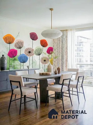 Eclectic dining room with floral patterned wallpaper, grey dining table, and natural wood flooring in 3 BHK apartment SVS Springs Bommasandra Bengaluru